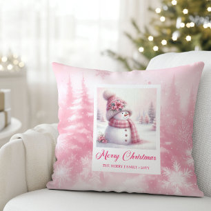 Süßer Pinkmas-Schneemann Winterwald Kissen Dekor