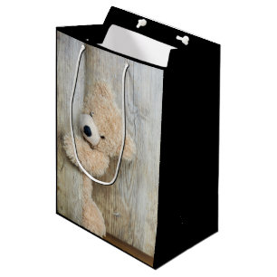 Süßer Plüschbär Rustikale Holz Wand Mittlere Geschenktüte