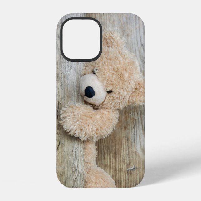  Süßer Plüschbär Rustikale Holzwand iPhone Hülle (Rückseite)