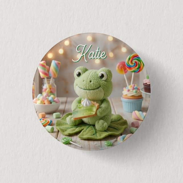 Süßer Plüschfrosch mit Key Lime Pie personalisiert Button (Vorderseite)