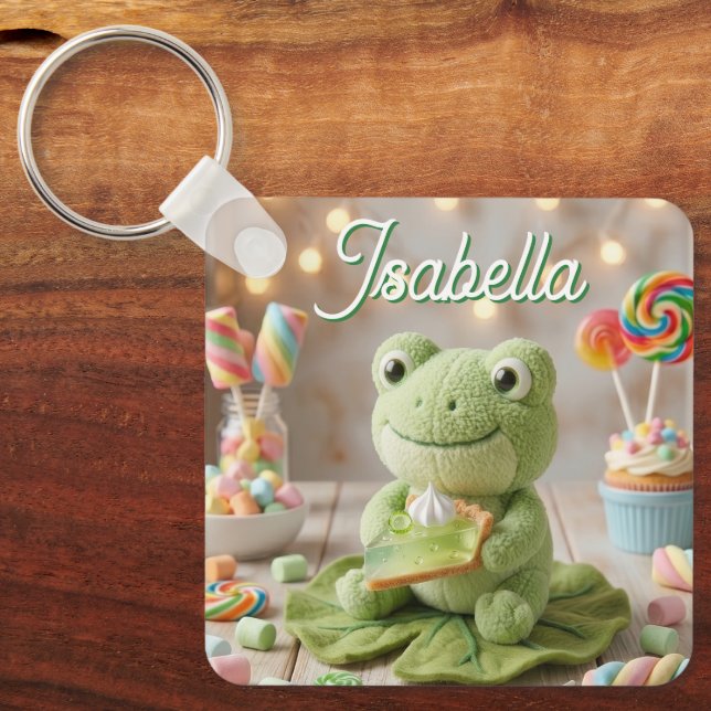 Süßer Plüschfrosch mit Key Lime Pie personalisiert Schlüsselanhänger (Vorderseite)