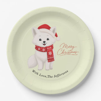 Süßer Polarfuchs in Santa-Hut und Winter-Schal Pappteller