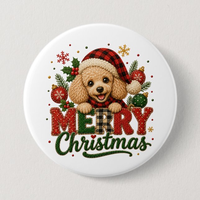 Süßer Pudel Frohe Weihnachten Button (Vorderseite)