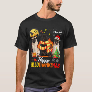 Süßer Pug Frohes Hallothanksmas Halloween Erntedan T-Shirt