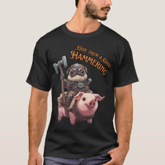 Süßer Pug in Rüstung reitet auf einem Schwein mit T-Shirt