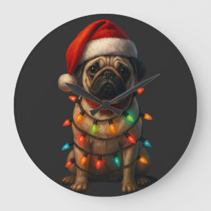 Süßer Pug in Weihnachtslichter gewickelt mit Santa Große Wanduhr