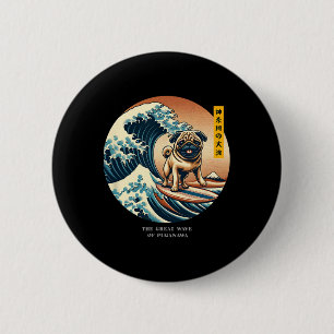 Süßer Pug Kanagawa-Welle Surfen Japanisch Kawaii V Button