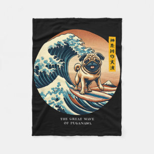 Süßer Pug Kanagawa-Welle Surfen Japanisch Kawaii V Fleecedecke