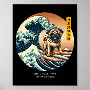 Süßer Pug Kanagawa-Welle Surfen Japanisch Kawaii V Poster