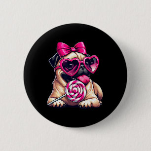 Süßer Pug mit Herz-Sungles-Bow-Valentinstag-Hund-M Button
