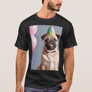 Süßer Pug-Welpe auf Geburtstagsfeier mit Partyhut T-Shirt