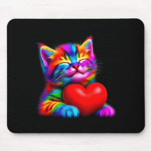 Süßer Regenbogen-Katz umarmt Valentins-Herz-Kitty Mousepad