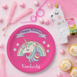 Süßer Regenbogen und funkelndes Einhorn Hot Pink G Pappteller