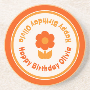 Süßer Retro-70er-Blumen-Orange-Happy-Birthday Getränkeuntersetzer