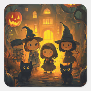Süßer Retro Vintage Halloween Kinder Geist Kürbis Quadratischer Aufkleber