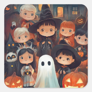 Süßer Retro Vintage Halloween Kinder Geist Kürbis Quadratischer Aufkleber