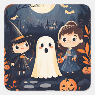 Süßer Retro Vintage Halloween Kinder Geist Kürbis Quadratischer Aufkleber