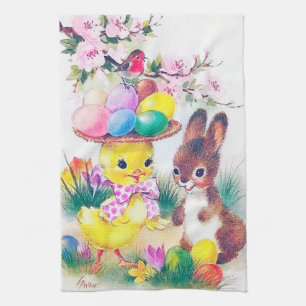 Süßer retro-vintage Osterhase Küken Feiertag Geschirrtuch