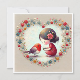 Süßer Robin und Kleines Mädchen Blumiges Herz
