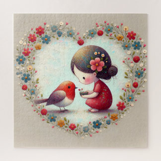 Süßer Robin und Kleines Mädchen Blumiges Herz Puzzle
