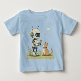 Süßer Roboter gibt Katze Blumen Süße Kinderkunst Baby T-shirt