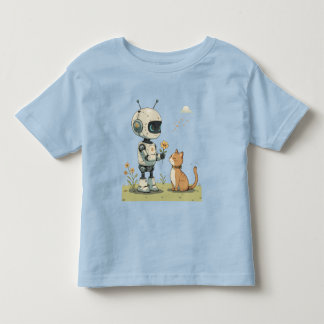 Süßer Roboter gibt Katze Blumen Süße Kinderkunst Kleinkind T-shirt