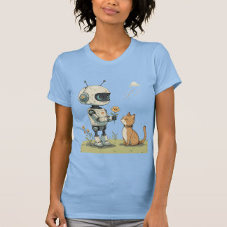 Süßer Roboter gibt Katze Blumen Süße Kinderkunst T-Shirt