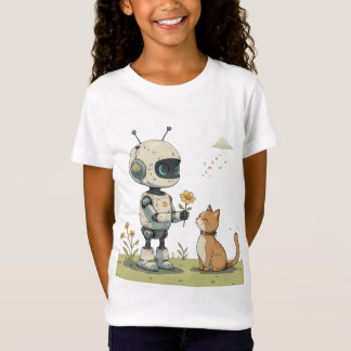 Süßer Roboter gibt Katze Blumen Süße Kinderkunst T-Shirt