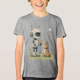 Süßer Roboter gibt Katze Blumen Süße Kinderkunst Tri-Blend Shirt