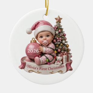 Süßer Rosa 3D-Baby-Mädchen-1.-Weihnachtsbaumschmuc Keramik Ornament