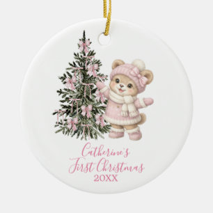 Süßer rosa Bär Mädchen Erstes Weihnachtsbaumschmuc Keramik Ornament