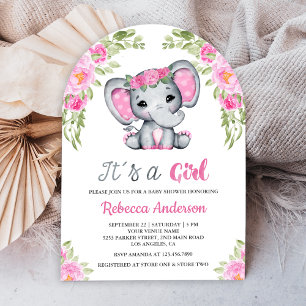 Süßer Rosa Blumen-Elefanten-Bogen-Baby-Party Einladung