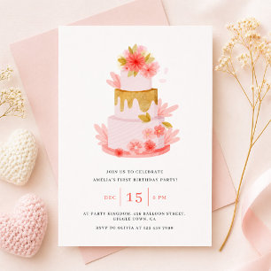 Süßer rosa Blumenkuchen Baby Mädchen Geburtstag Einladung