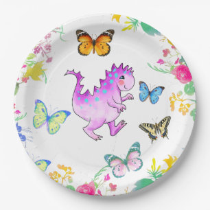 Süßer rosa Drache und Blumen Pappteller