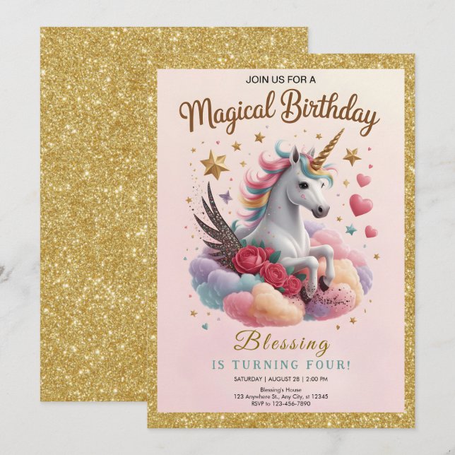 Süßer Rosa Einhorn Geburtstag Einladung (Vorne/Hinten)