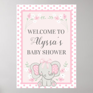 Süßer Rosa Elefant Punkte Blumen Baby Shower Poster