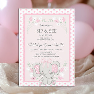 Süßer Rosa Elefant Punkte Blumen Sip See Baby Einladung