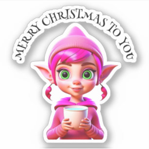 Süßer rosa Elf mit Kaffee oder Kakao Weihnachten Aufkleber