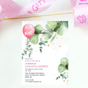 Süßer Rosa Eukalyptus Ballon Mädchen Baby-Party Einladung