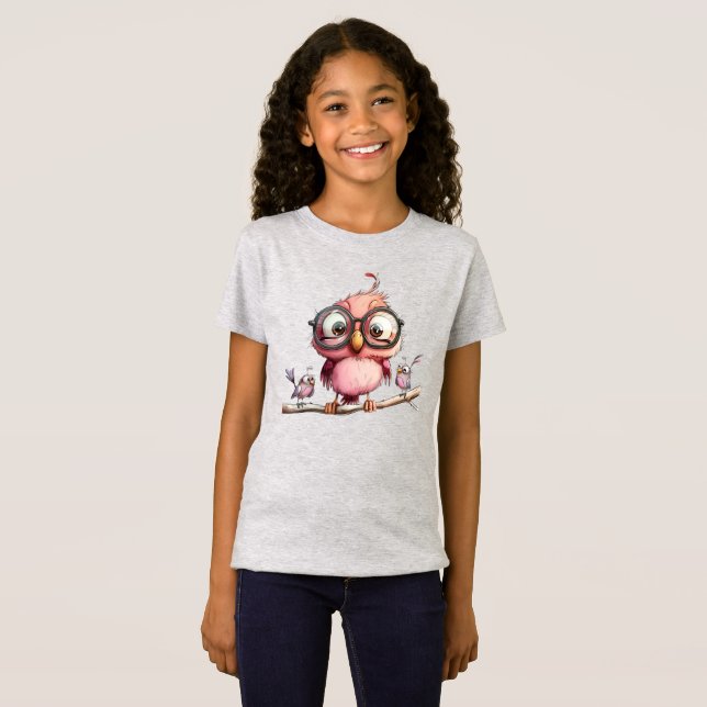 Süßer rosa Eule & Vogel Freunde T-Shirt (Vorne ganz)