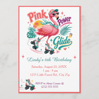 Süßer Rosa Flamingo auf Rollschuhen Party Einladung