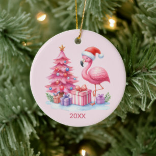 Süßer rosa Flamingo Name Jahr hinzufügen Keramik Ornament