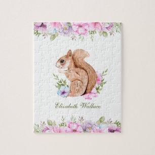 Süßer rosa floraler Wald Eichhörnchen Name Puzzle