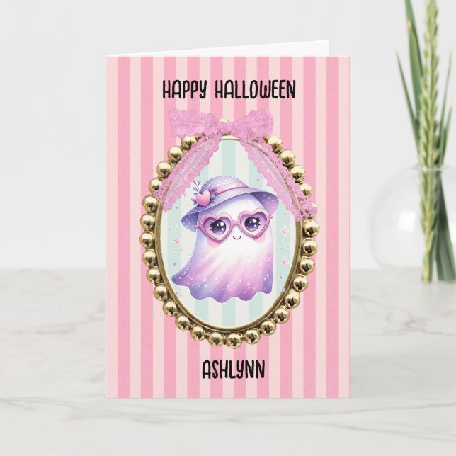 Süßer Rosa Geist Halloween Karte (Vorderseite)
