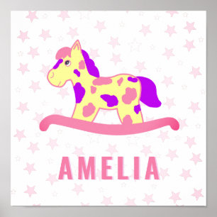 Süßer Rosa Gelber Schaukelpferd Stern Kinder Name Poster