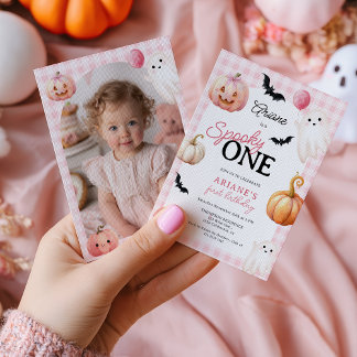 Süßer Rosa Gingham Gruselig Eins Foto Erster Gebur Einladung