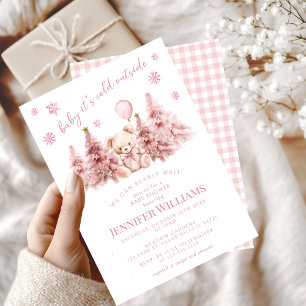Süßer Rosa Gold Winter Teddy Bär Baby Mädchen Show Einladung
