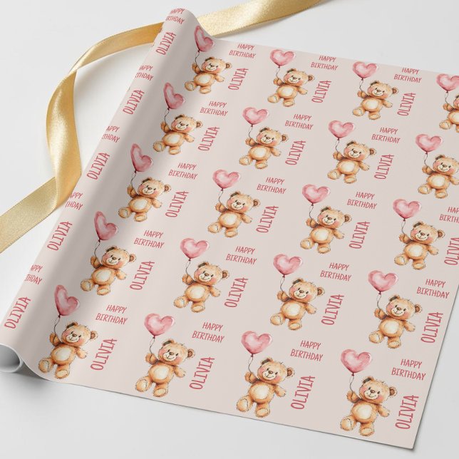 Süßer Rosa Kindername Wasserfarben Bär Alles Gute  Geschenkpapier (Cute Pink Kids Name Watercolor Bear Happy Birthday Wrapping Paper)