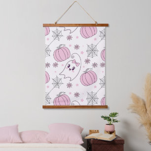 Süßer Rosa-Kürbis-Halloween-Muster Wandteppich Mit Holzrahmen