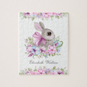 Süßer Rosa Lila Blumenhase Kinder Name Puzzle